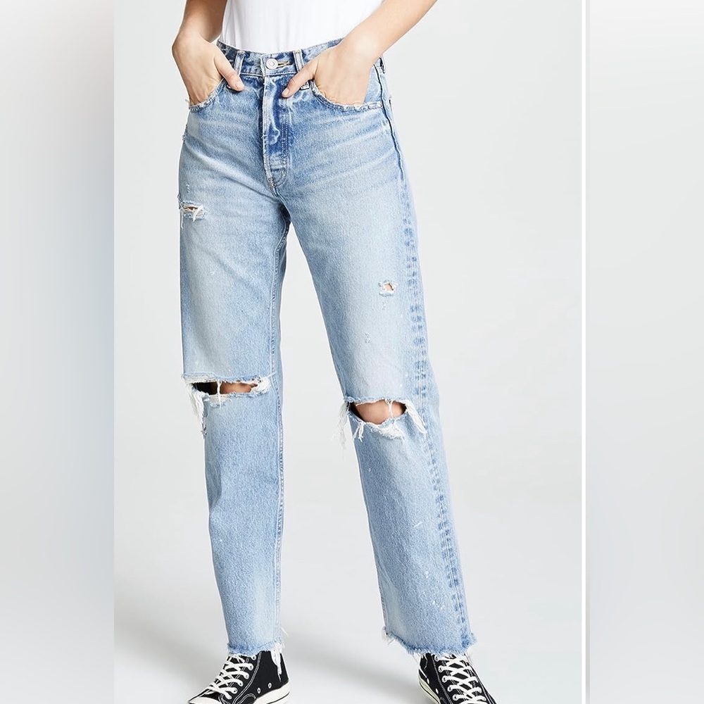 MOUSSY VINTAGE Odessa Straight Light Blue Distressed Button Fly, Size 26
